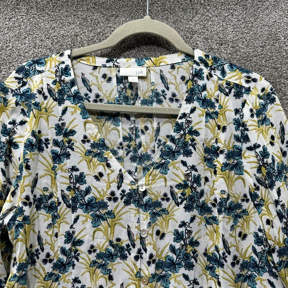 J Jill Button Up Blouse Top Womens Medium Floral Bird Print Rayon Cottage Nature